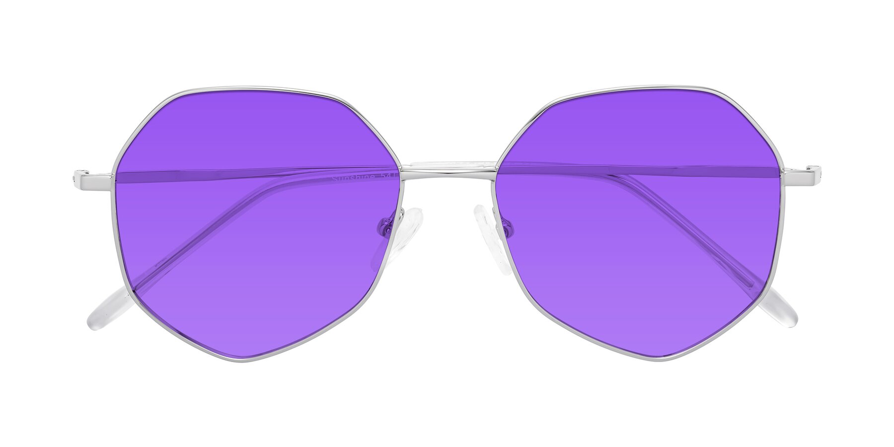Folded Front of Sunshine in Silver with Purple Tinted Lenses