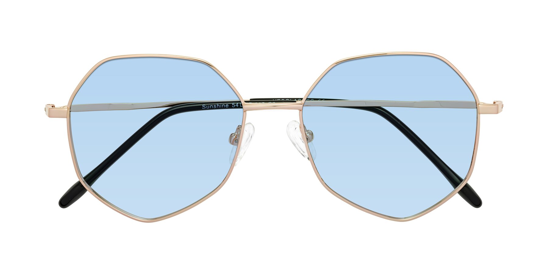 Folded Front of Sunshine in Rose Gold with Light Blue Tinted Lenses