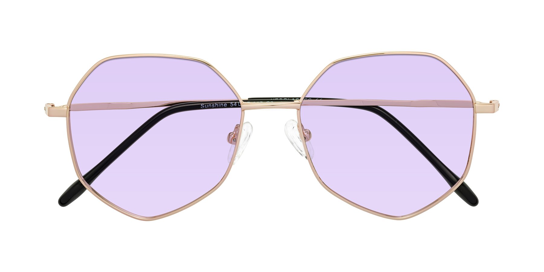 Folded Front of Sunshine in Rose Gold with Light Purple Tinted Lenses