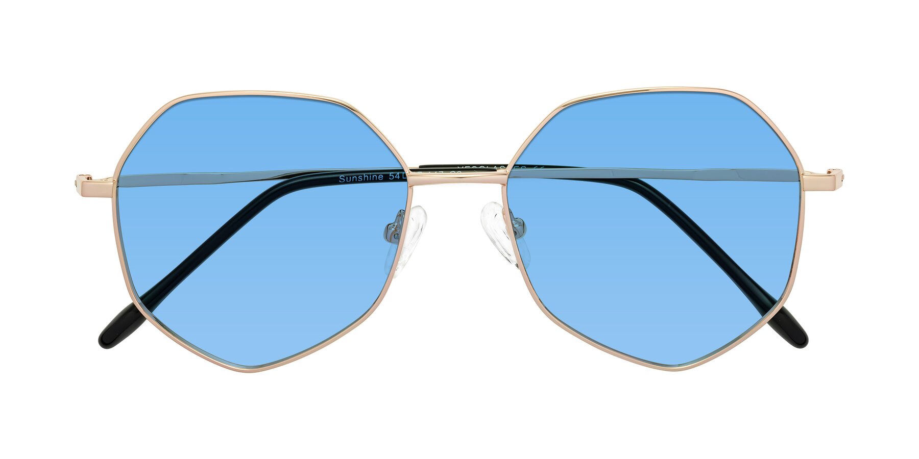 Folded Front of Sunshine in Rose Gold with Medium Blue Tinted Lenses