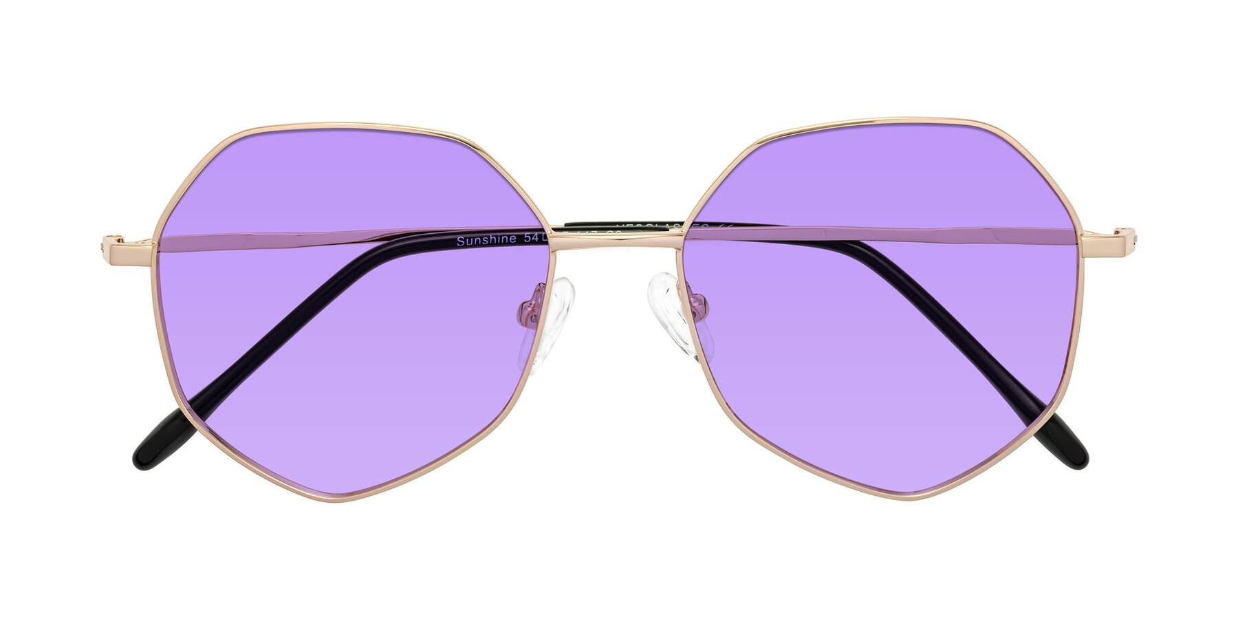 Folded Front of Sunshine in Rose Gold with Medium Purple Tinted Lenses