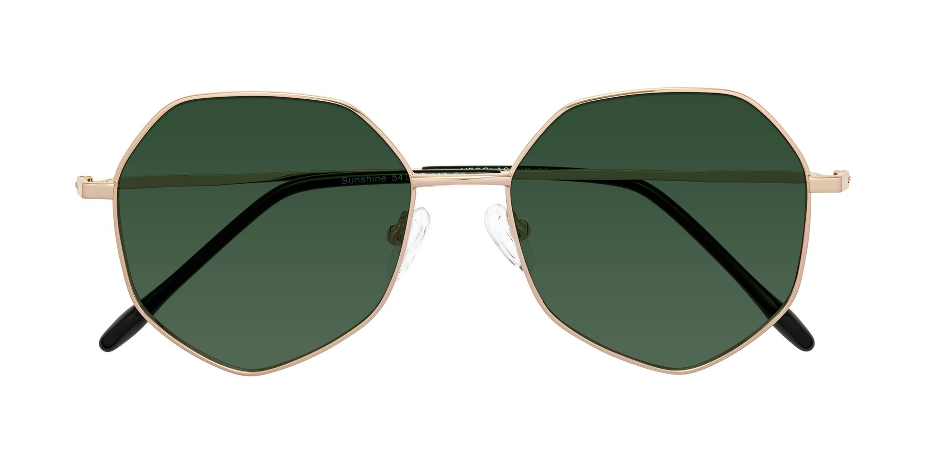 Folded Front of Sunshine in Rose Gold with Green Tinted Lenses