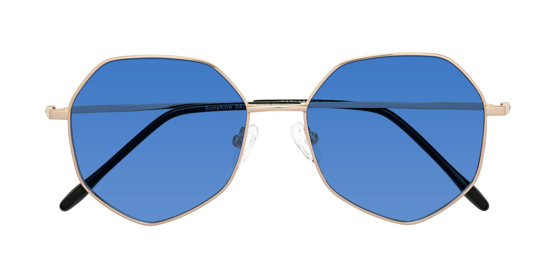 Folded Front of Sunshine in Rose Gold with Blue Tinted Lenses