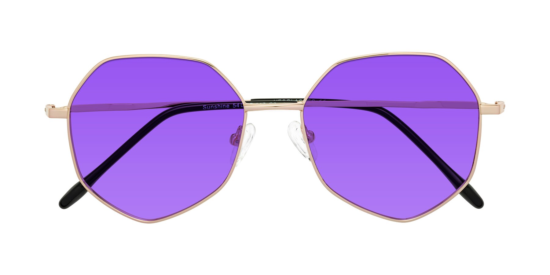 Folded Front of Sunshine in Rose Gold with Purple Tinted Lenses