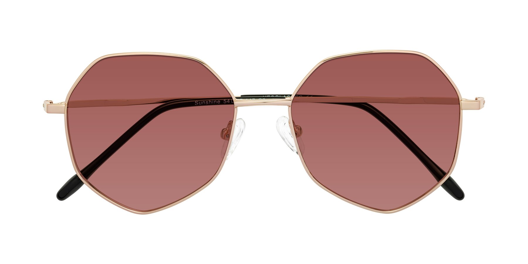 Folded Front of Sunshine in Rose Gold with Garnet Tinted Lenses