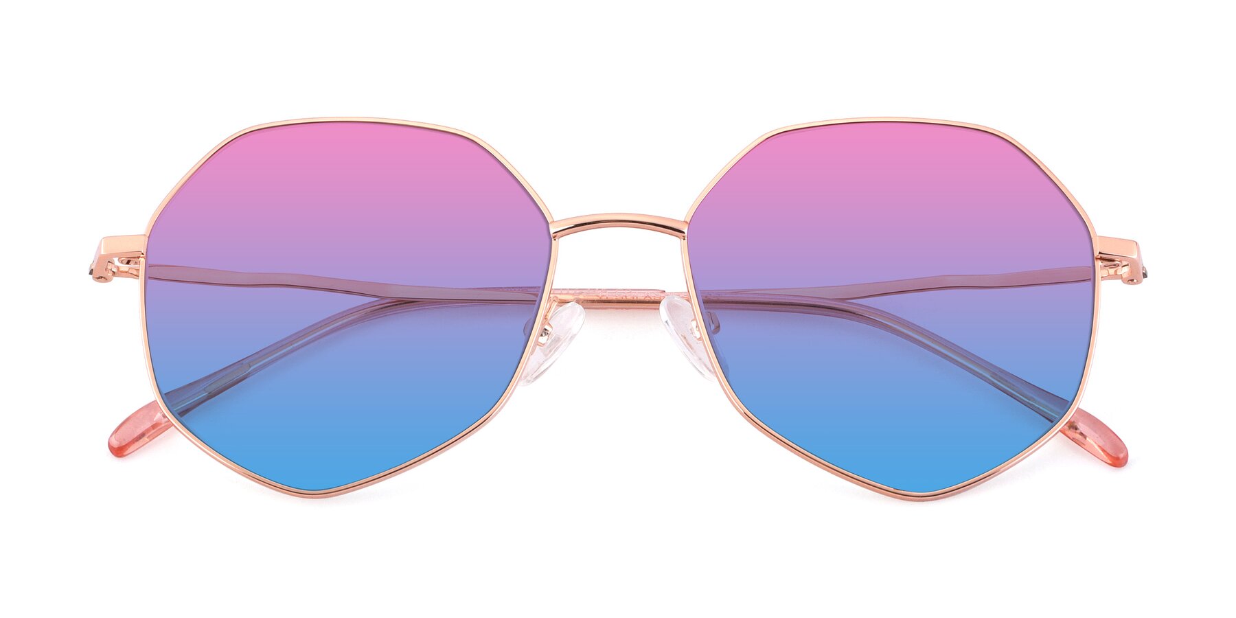 Folded Front of Sunshine in Rose Gold with Pink / Blue Gradient Lenses