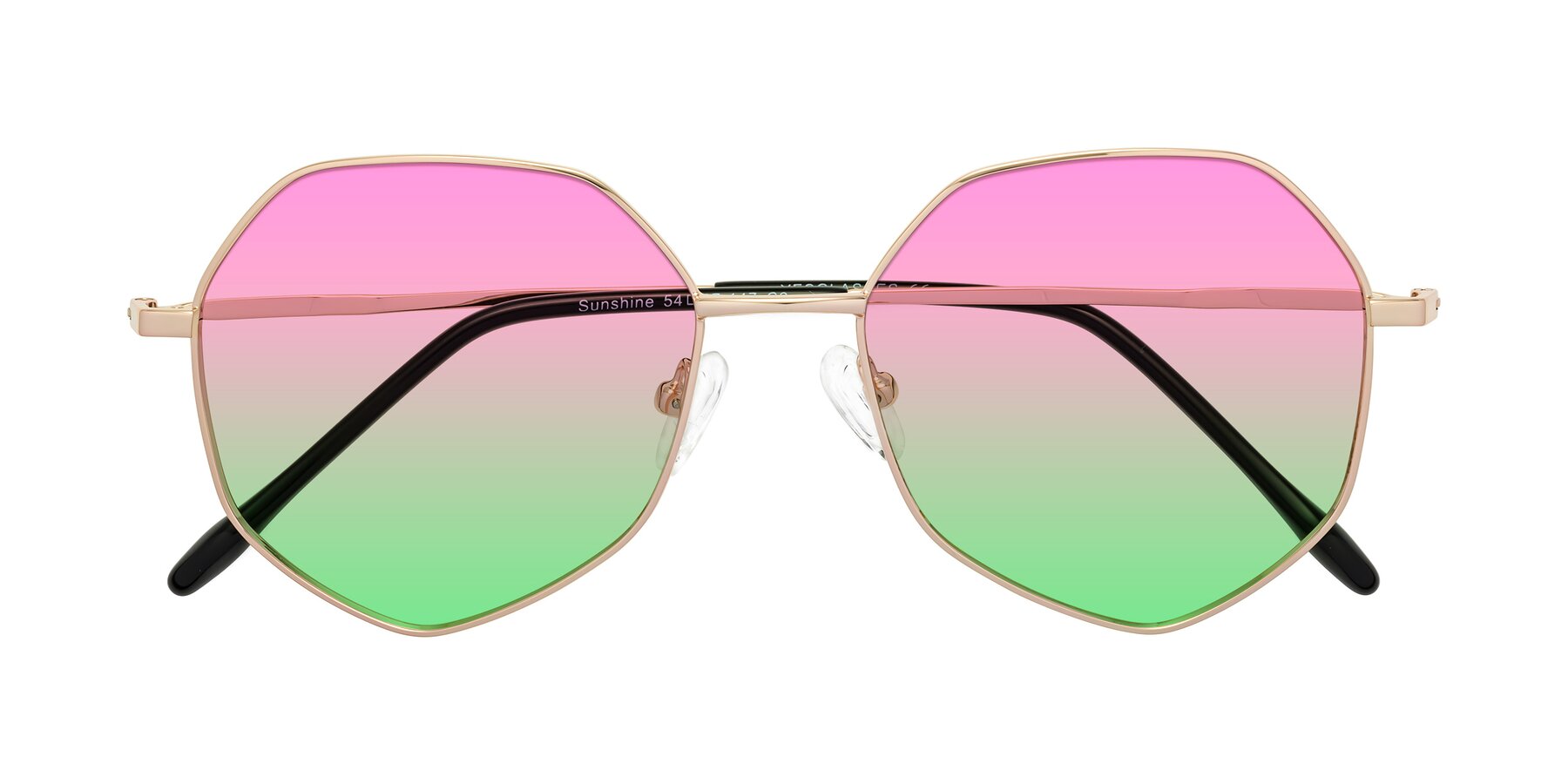 Folded Front of Sunshine in Rose Gold with Pink / Green Gradient Lenses