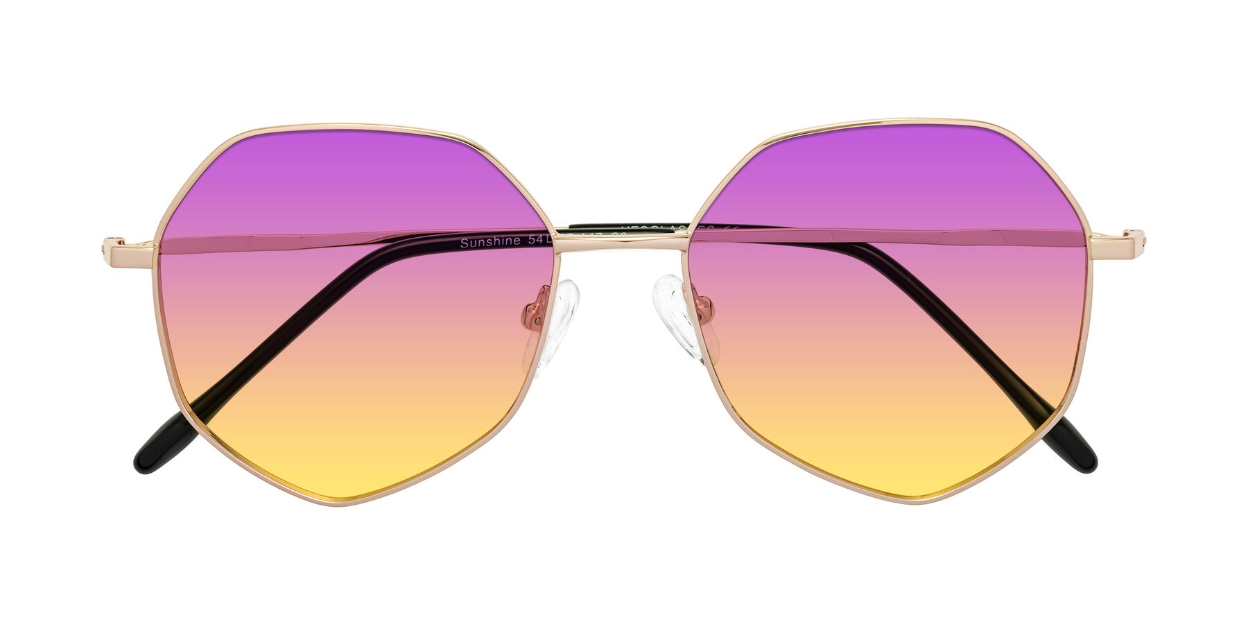 Folded Front of Sunshine in Rose Gold with Purple / Yellow Gradient Lenses