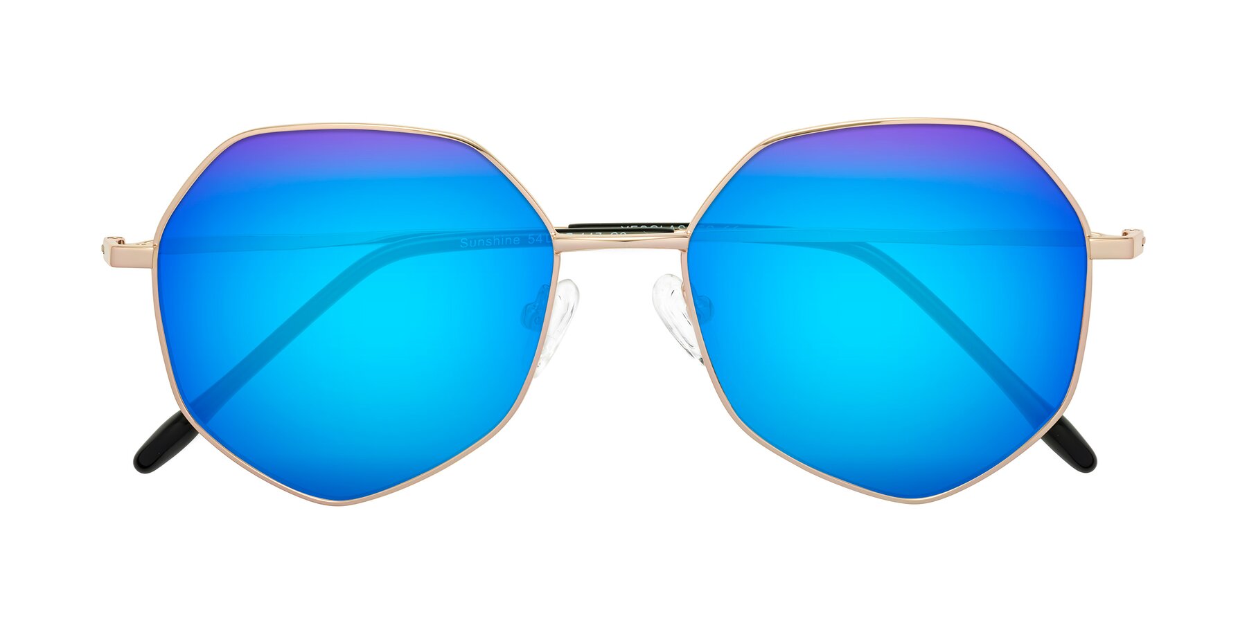 Folded Front of Sunshine in Rose Gold with Blue Mirrored Lenses