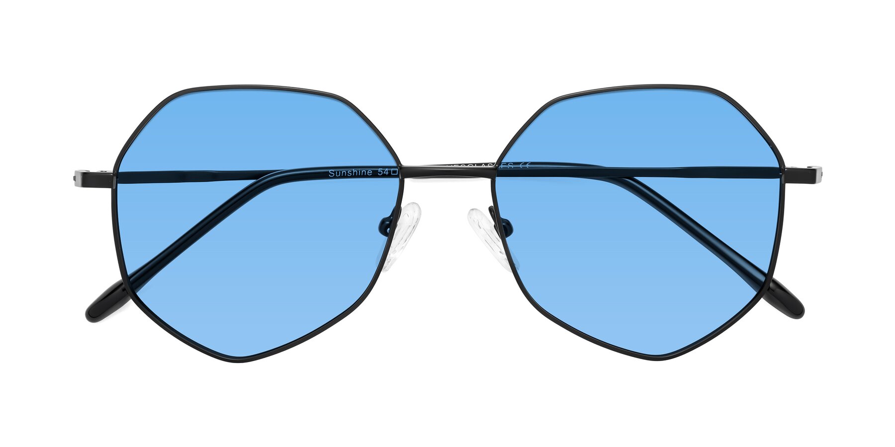 Folded Front of Sunshine in Black with Medium Blue Tinted Lenses