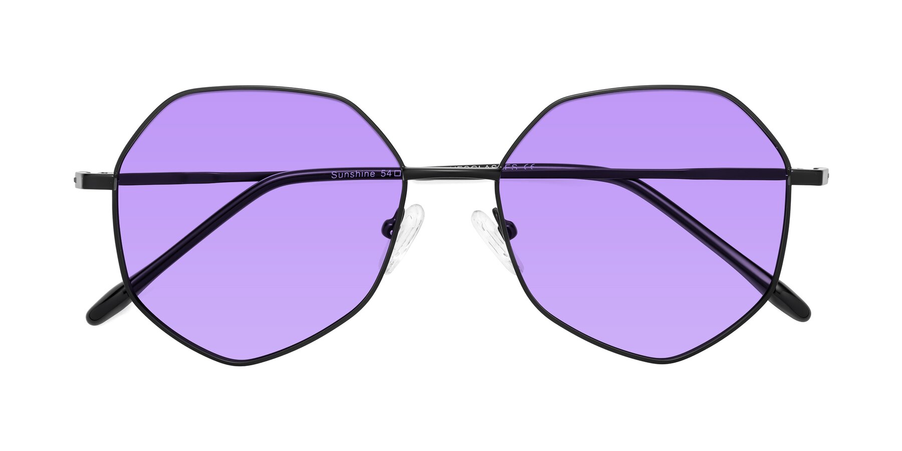 Folded Front of Sunshine in Black with Medium Purple Tinted Lenses