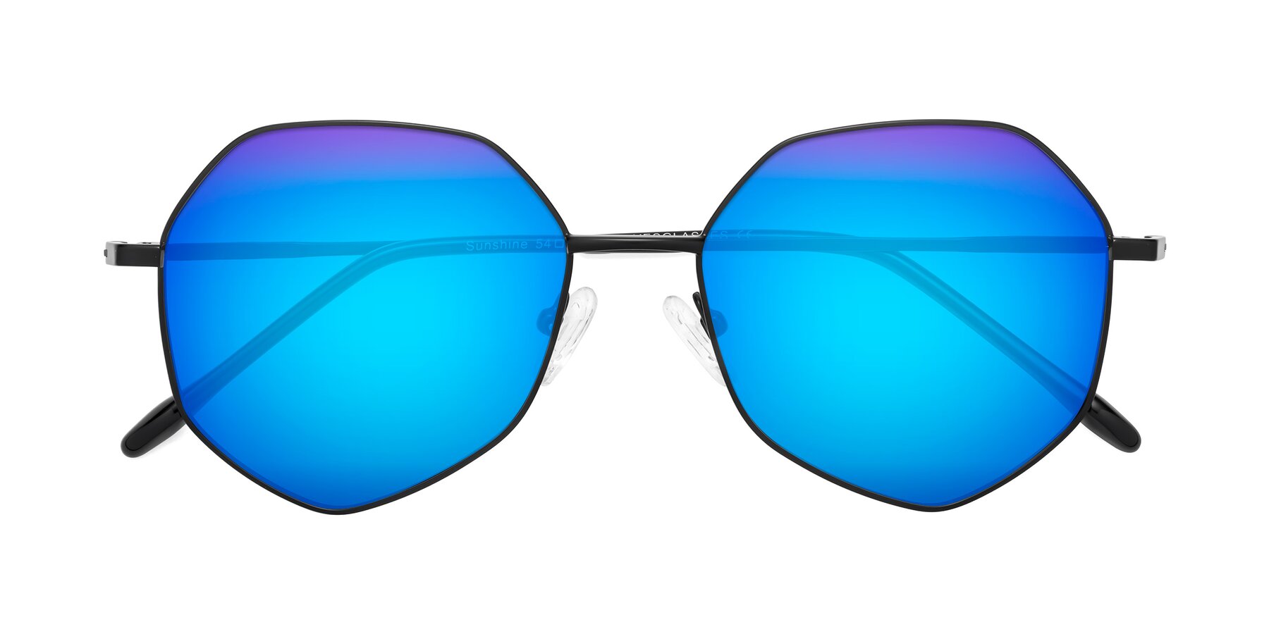 Folded Front of Sunshine in Black with Blue Mirrored Lenses