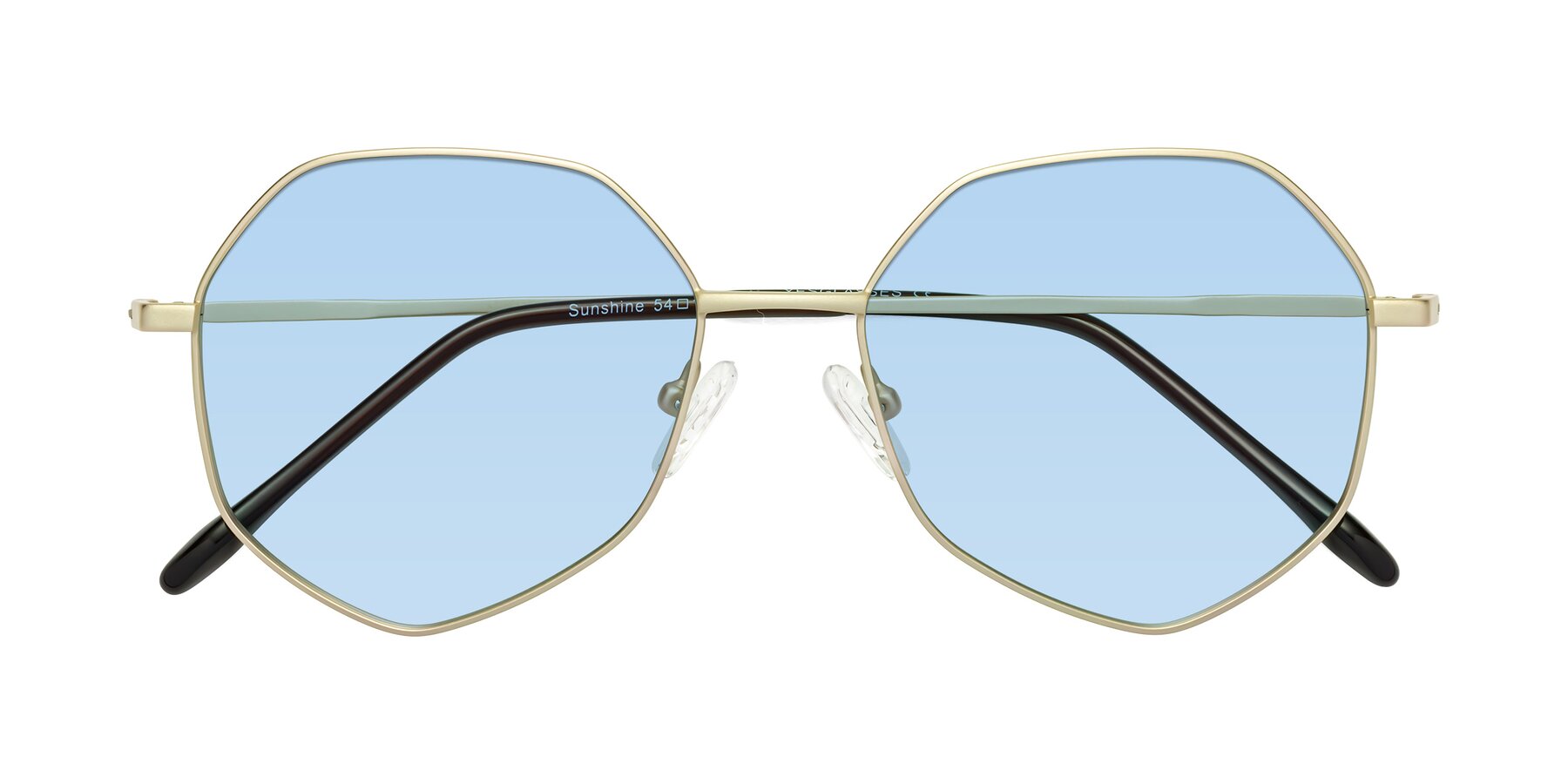 Folded Front of Sunshine in Light Gold with Light Blue Tinted Lenses