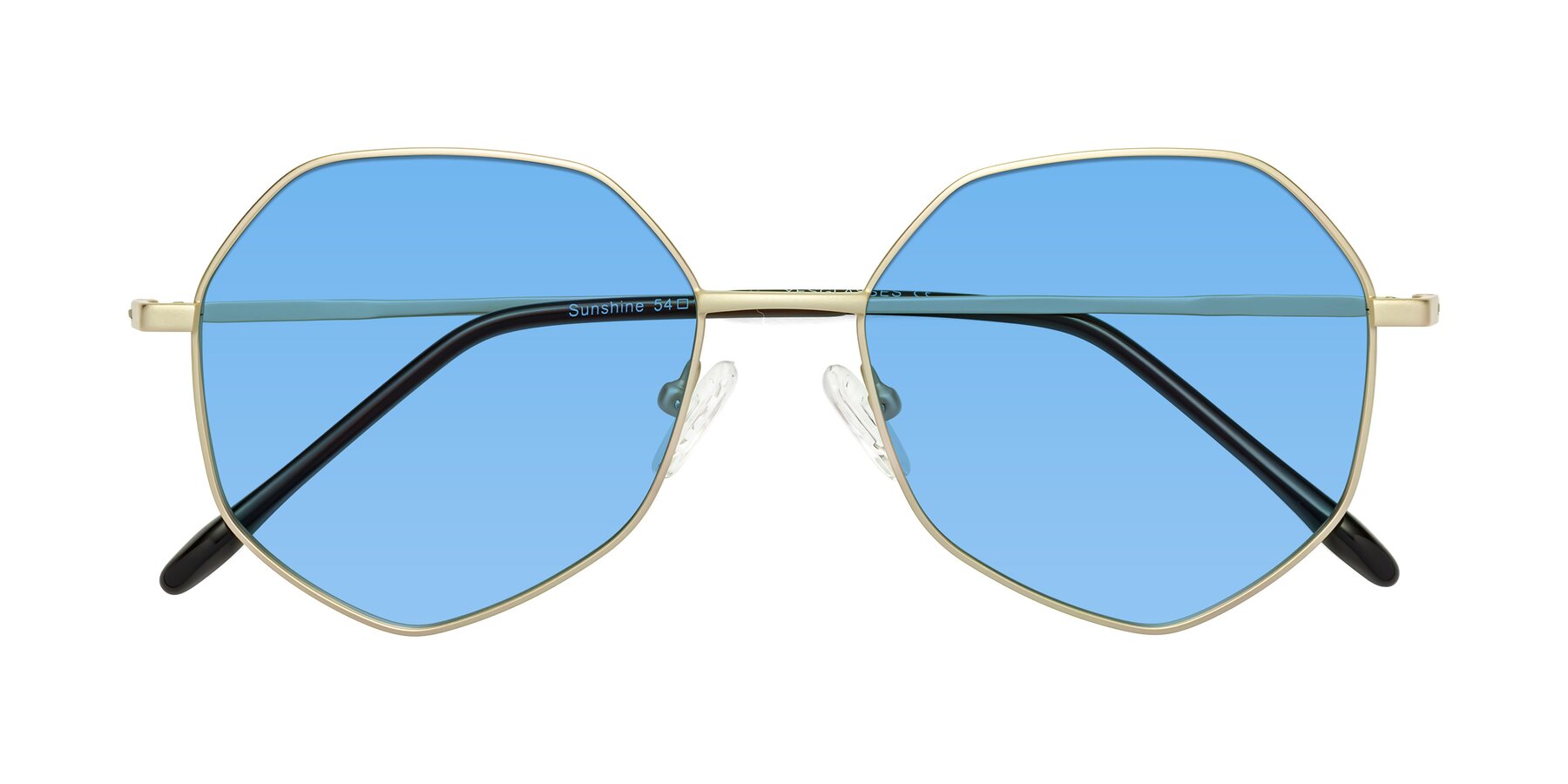 Folded Front of Sunshine in Light Gold with Medium Blue Tinted Lenses