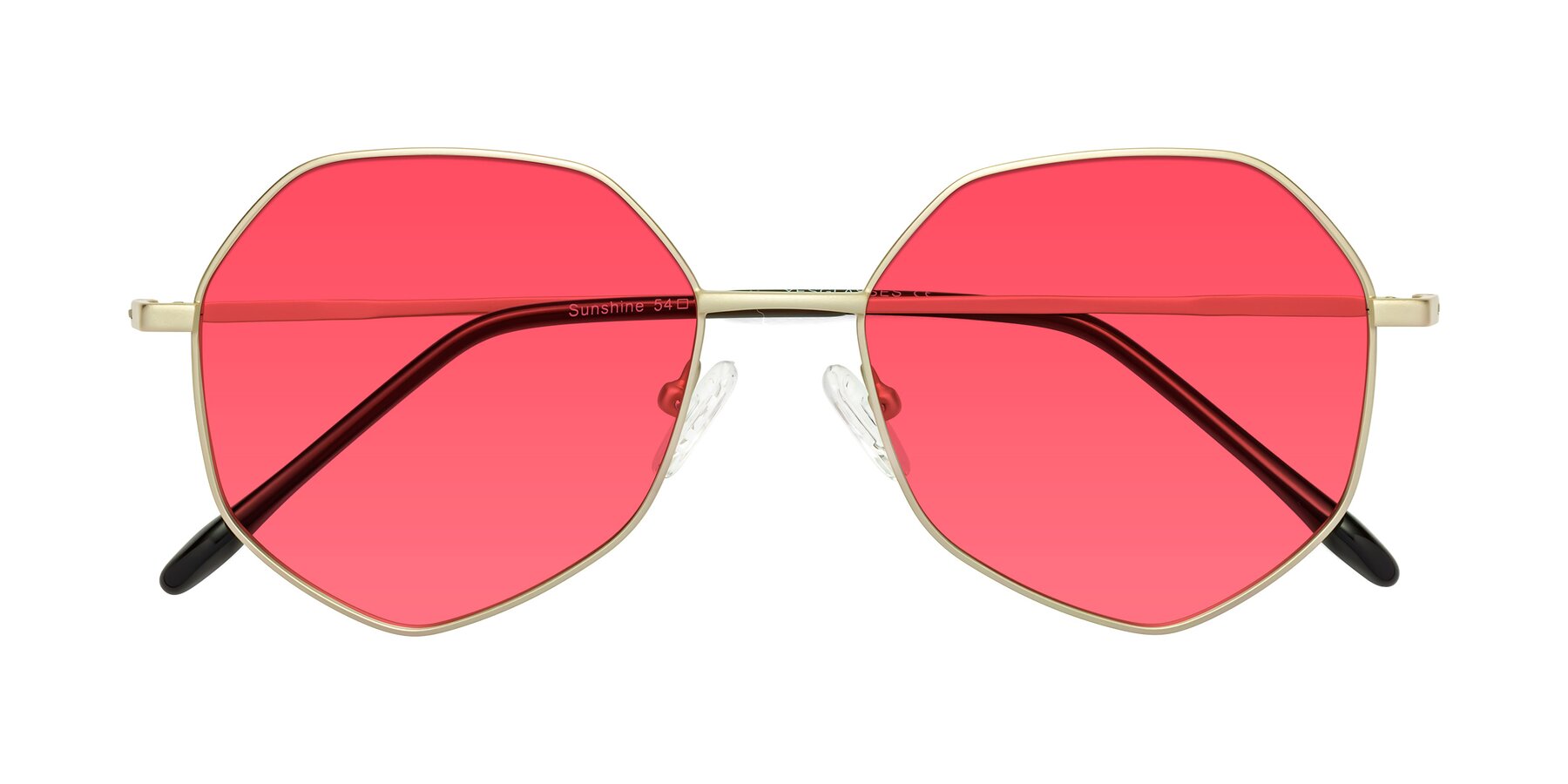 Folded Front of Sunshine in Light Gold with Red Tinted Lenses