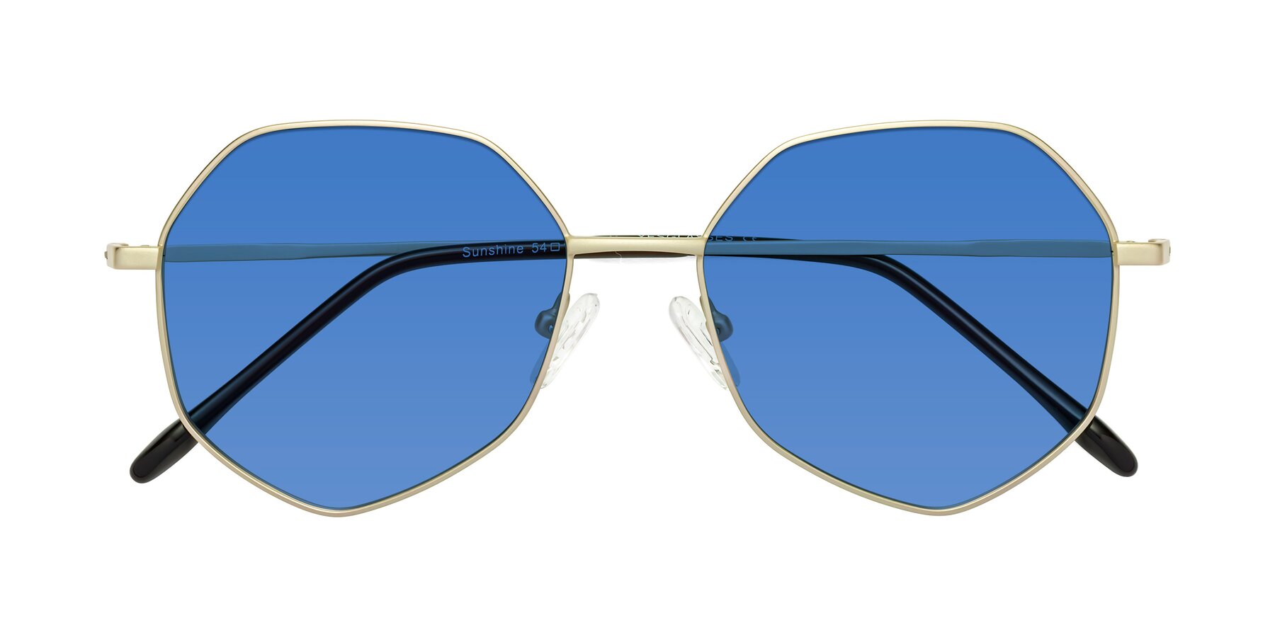 Folded Front of Sunshine in Light Gold with Blue Tinted Lenses