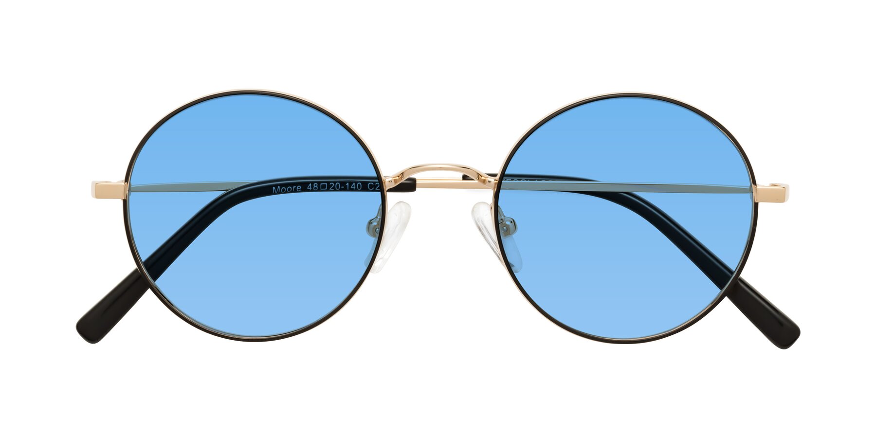 Folded Front of Moore in Black-Gold with Medium Blue Tinted Lenses