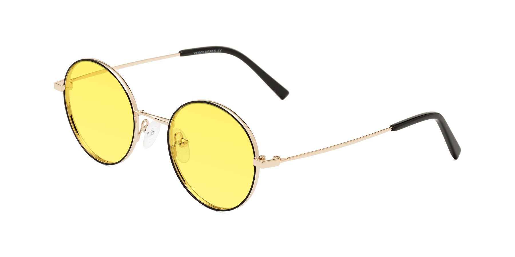 Black-Gold Retro-Vintage Titanium Round Tinted Sunglasses with Brown Sunwear Lenses