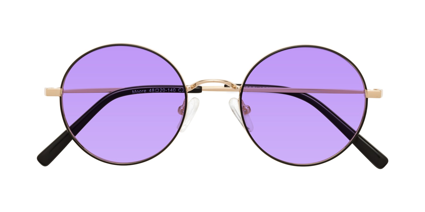 Folded Front of Moore in Black-Gold with Medium Purple Tinted Lenses
