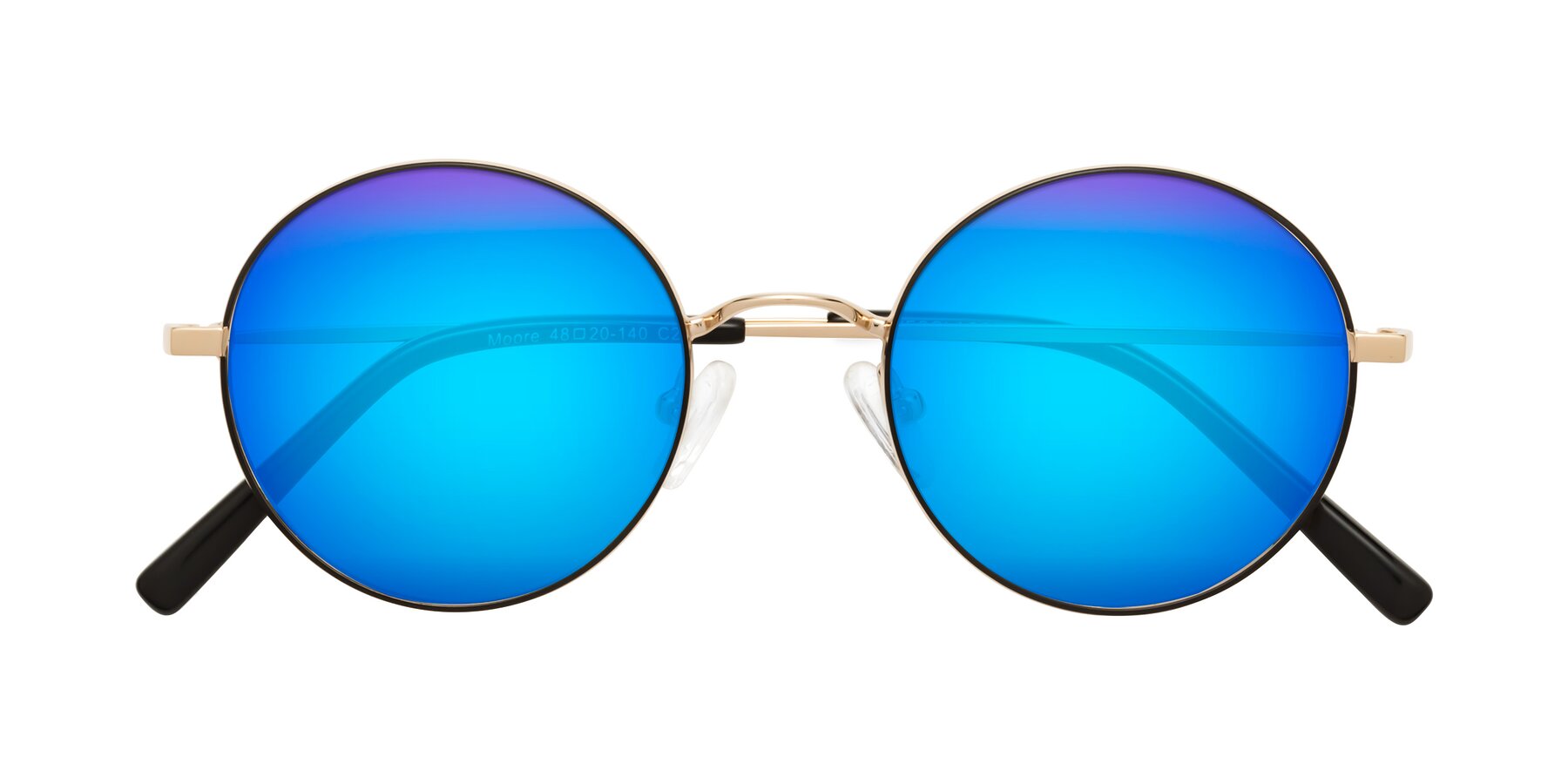Folded Front of Moore in Black-Gold with Blue Mirrored Lenses