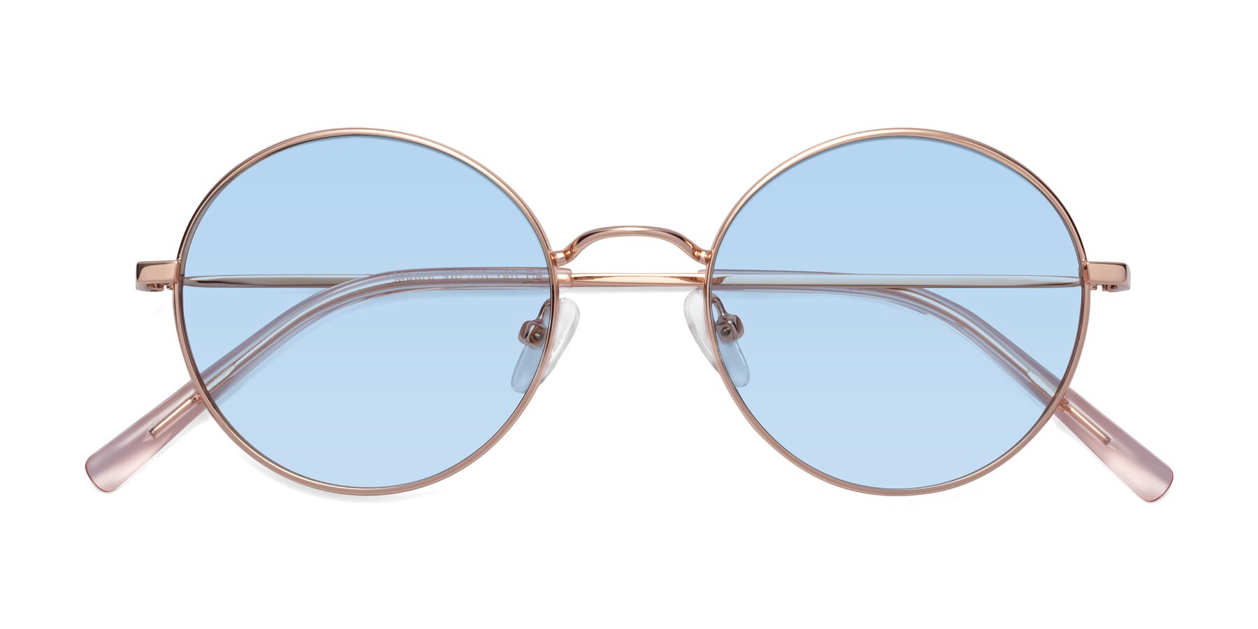 Folded Front of Moore in Rose Gold with Light Blue Tinted Lenses