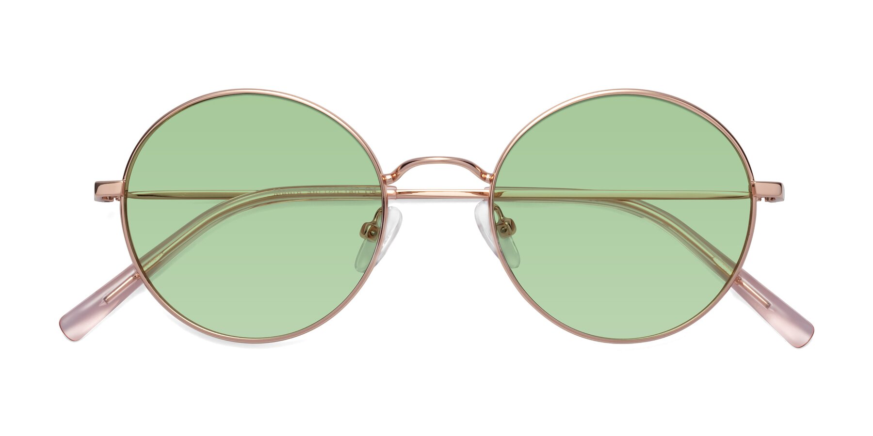 Folded Front of Moore in Rose Gold with Medium Green Tinted Lenses