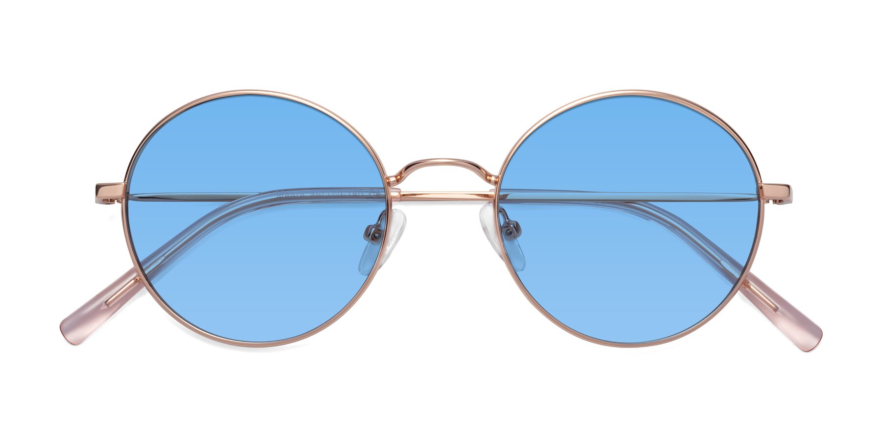 Folded Front of Moore in Rose Gold with Medium Blue Tinted Lenses