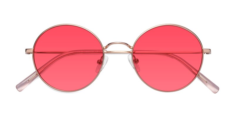 Rose Gold Retro-Vintage Metal Round Tinted Sunglasses with Red Sunwear ...