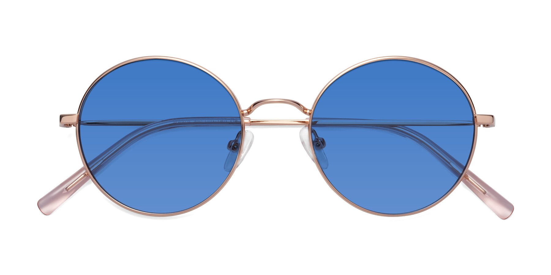 Folded Front of Moore in Rose Gold with Blue Tinted Lenses