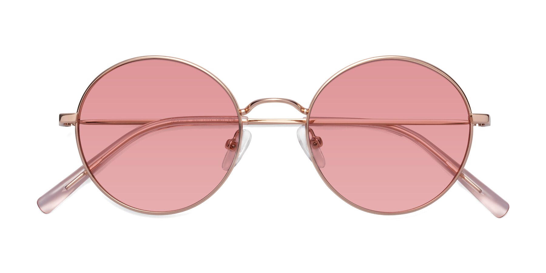 Folded Front of Moore in Rose Gold with Medium Garnet Tinted Lenses