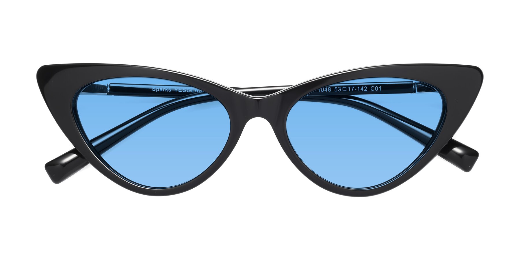 Folded Front of Sparks in Black with Medium Blue Tinted Lenses