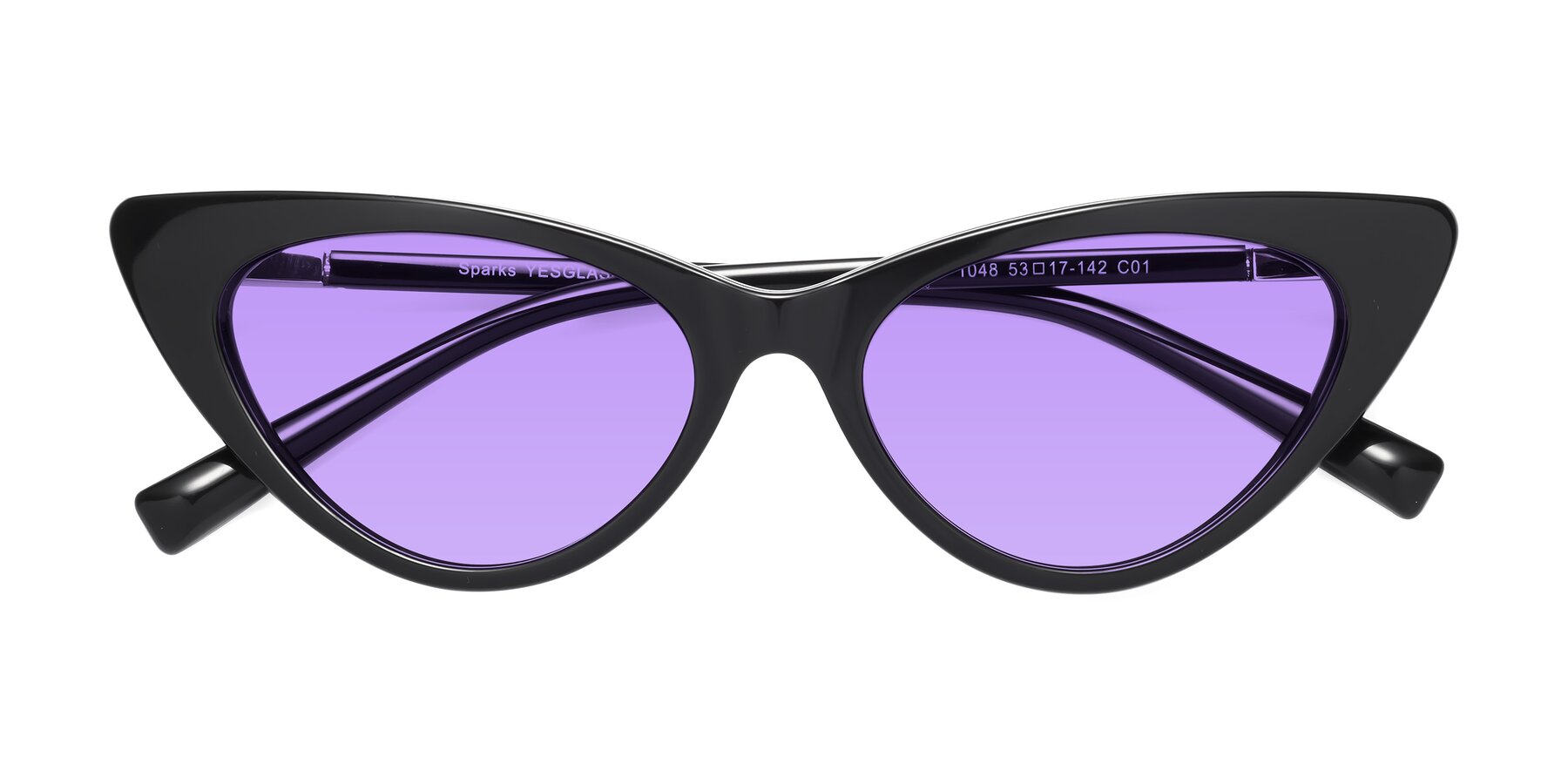 Folded Front of Sparks in Black with Medium Purple Tinted Lenses