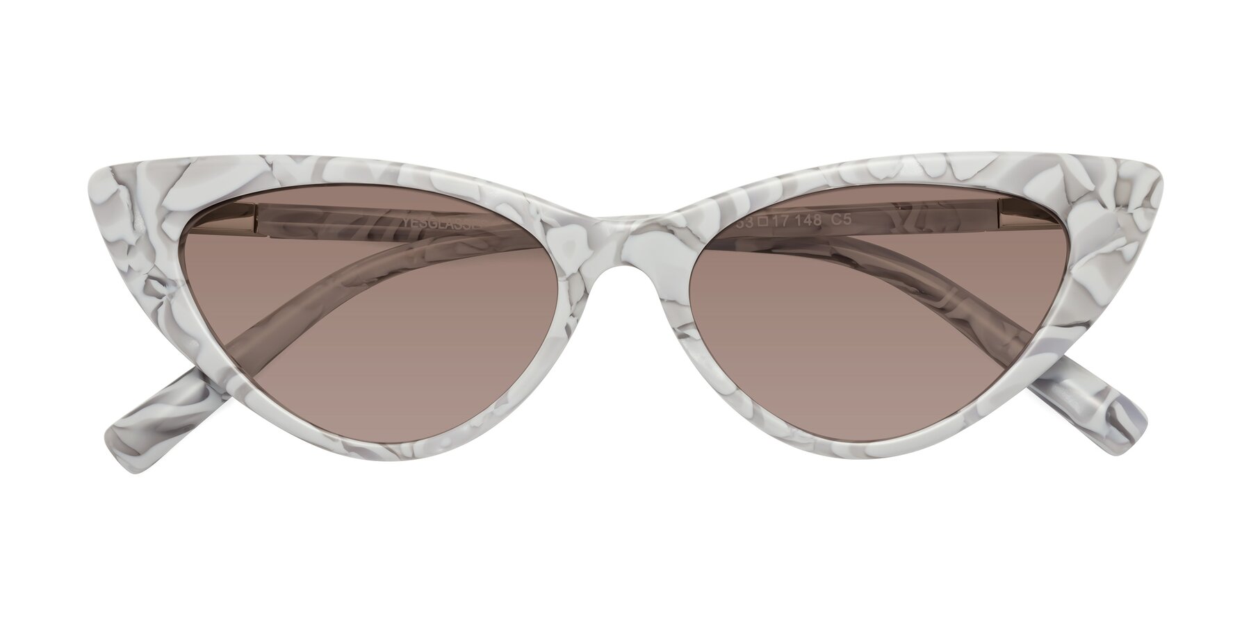 Folded Front of Sparks in White Floral with Medium Brown Tinted Lenses