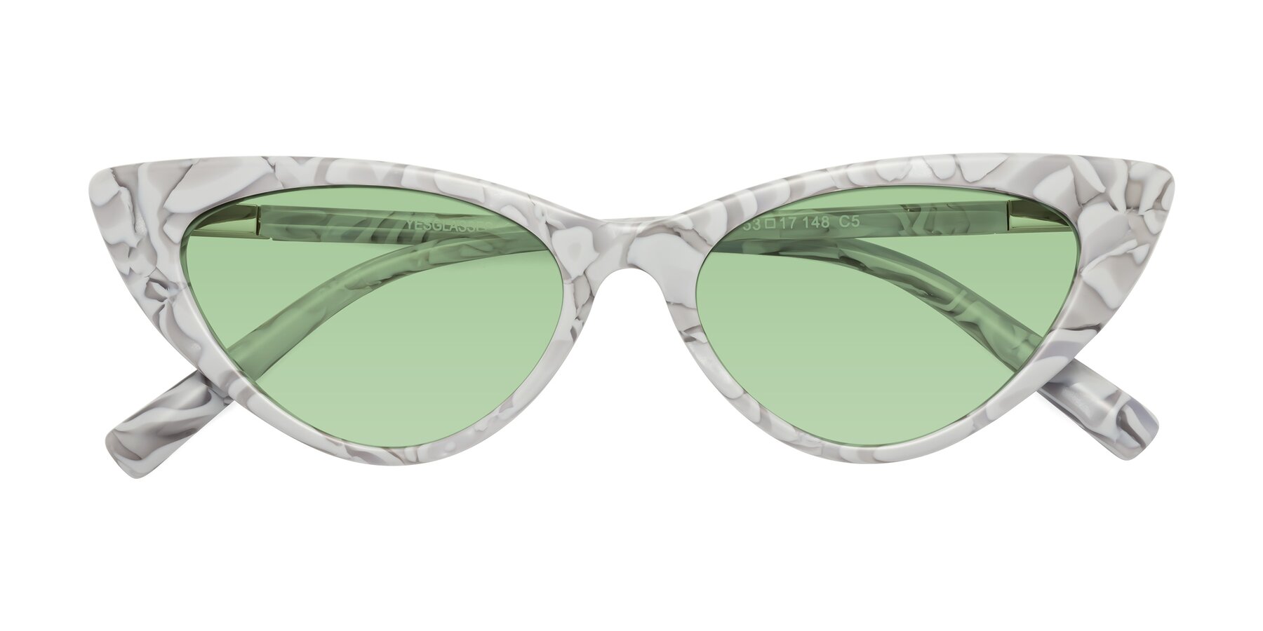 Folded Front of Sparks in White Floral with Medium Green Tinted Lenses