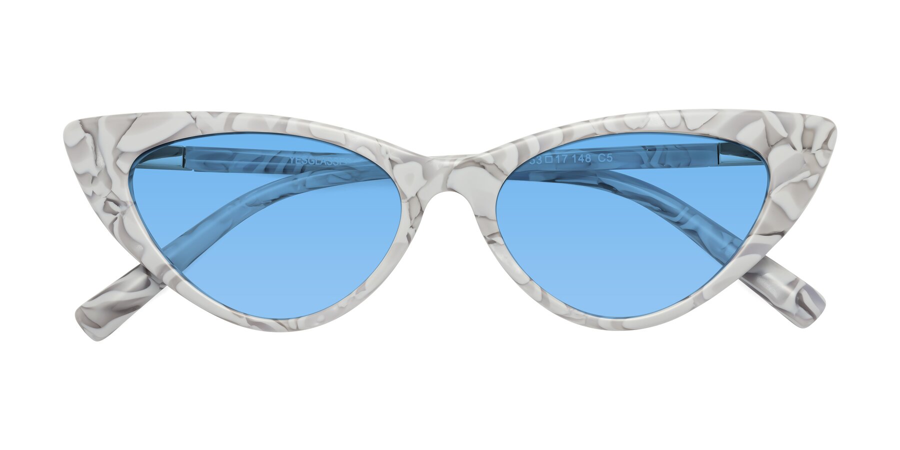 Folded Front of Sparks in White Floral with Medium Blue Tinted Lenses