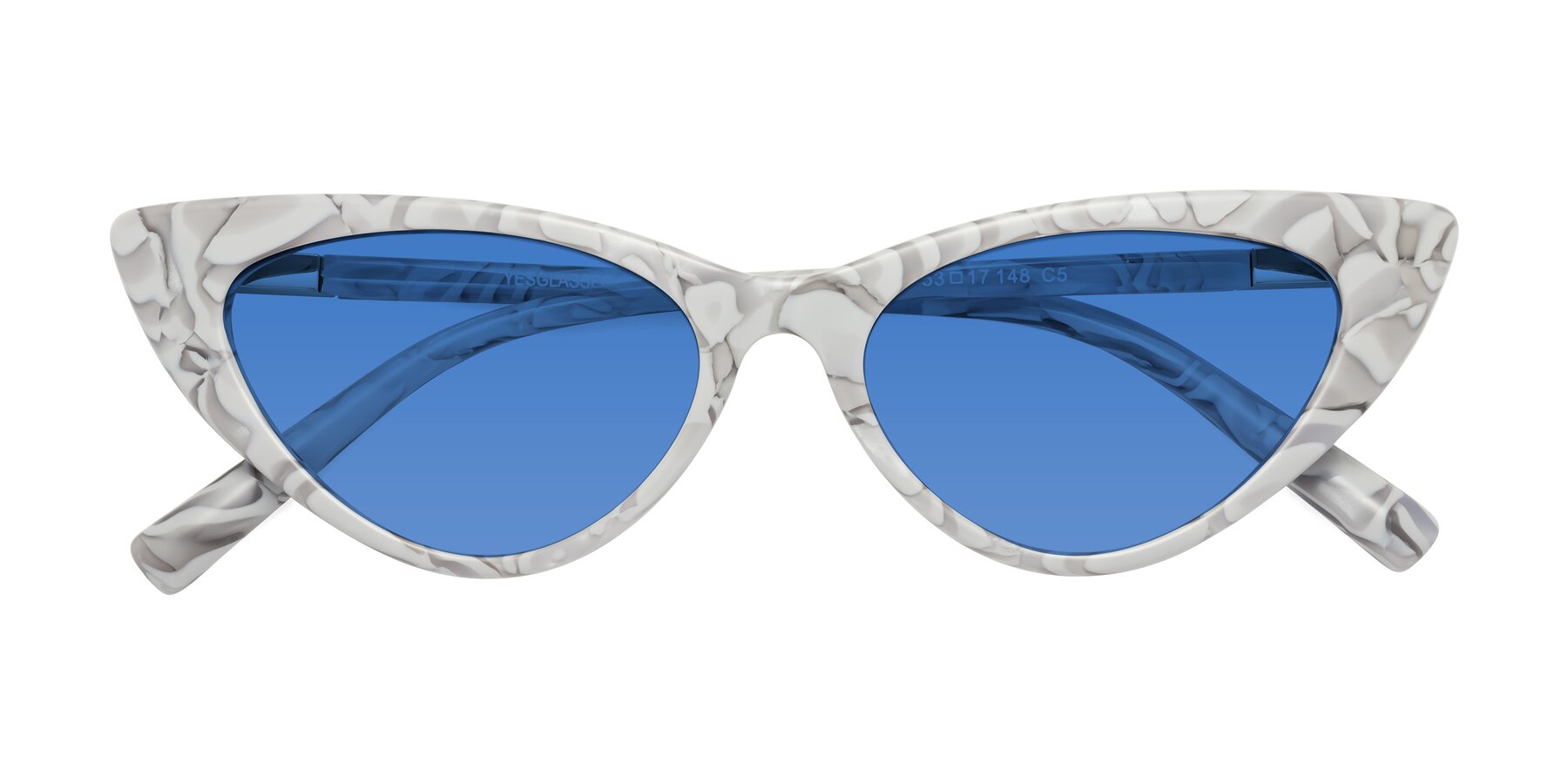 Folded Front of Sparks in White Floral with Blue Tinted Lenses