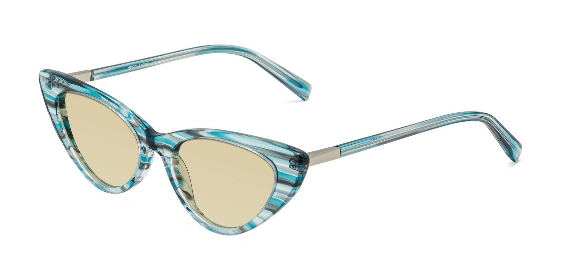 Angle of Sparks in Cyan Striped with Light Champagne Tinted Lenses