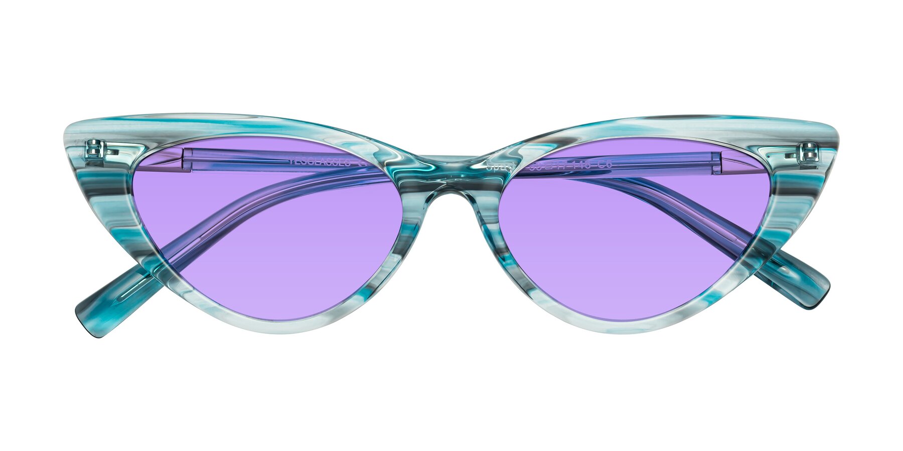 Folded Front of Sparks in Cyan Striped with Medium Purple Tinted Lenses