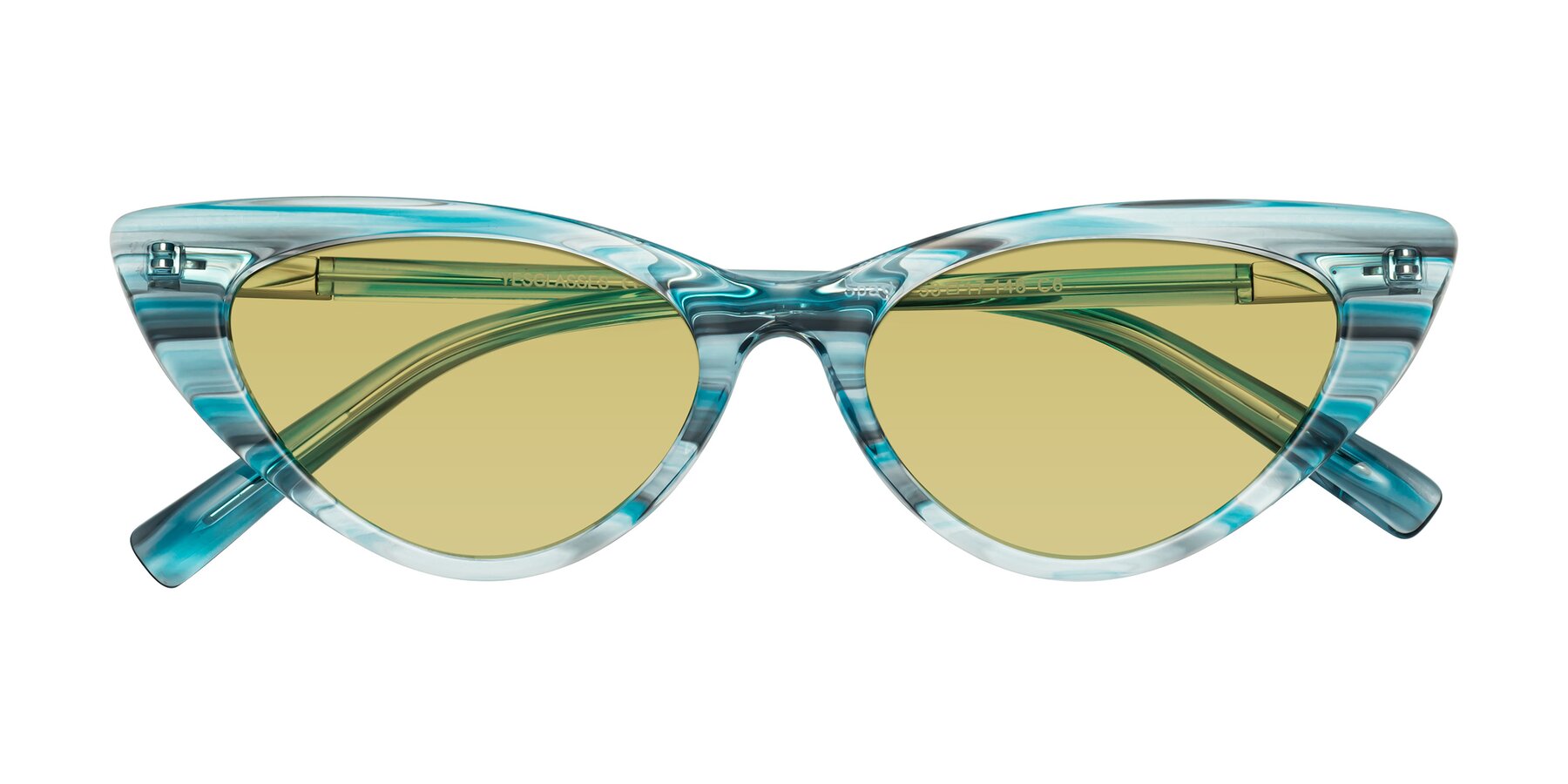 Folded Front of Sparks in Cyan Striped with Medium Champagne Tinted Lenses