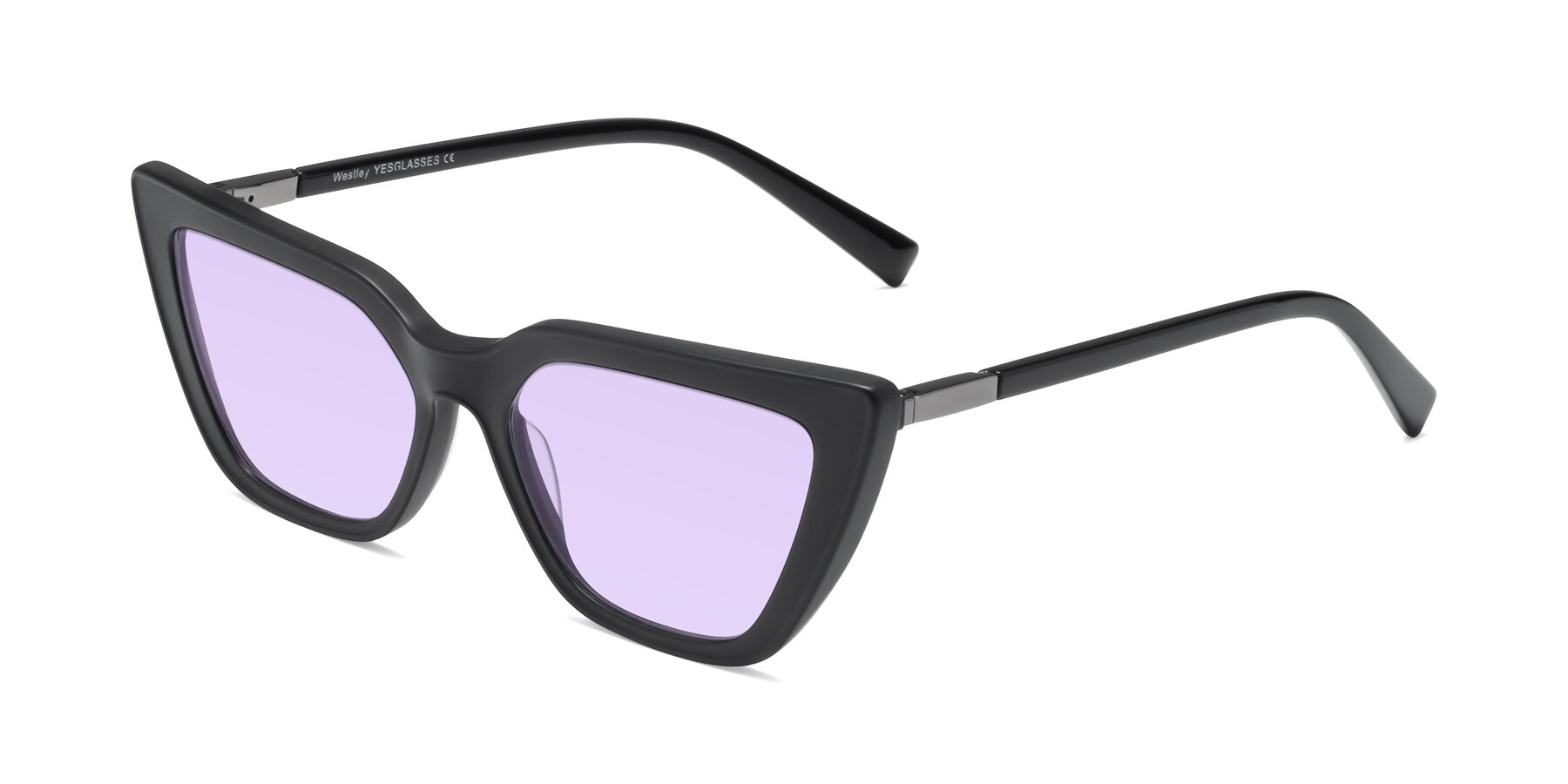 Angle of Westley in Matte Black with Light Purple Tinted Lenses