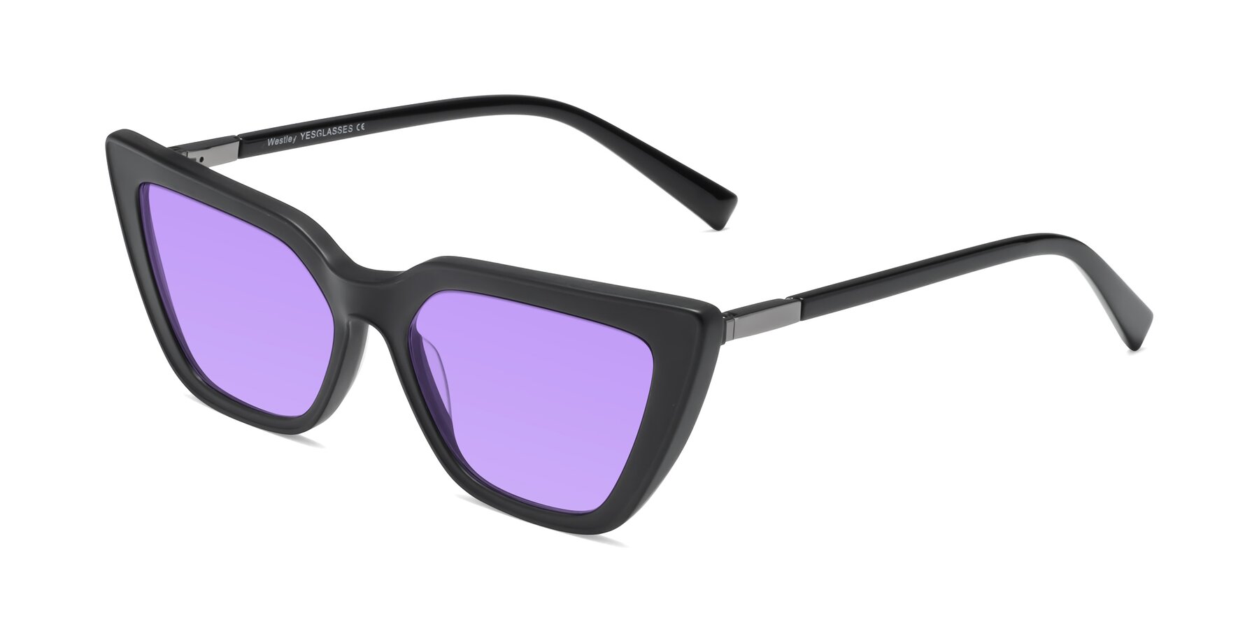 Angle of Westley in Matte Black with Medium Purple Tinted Lenses