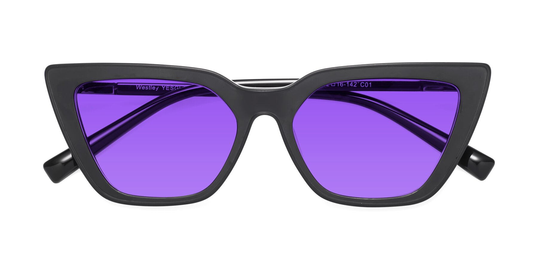 Folded Front of Westley in Matte Black with Purple Tinted Lenses