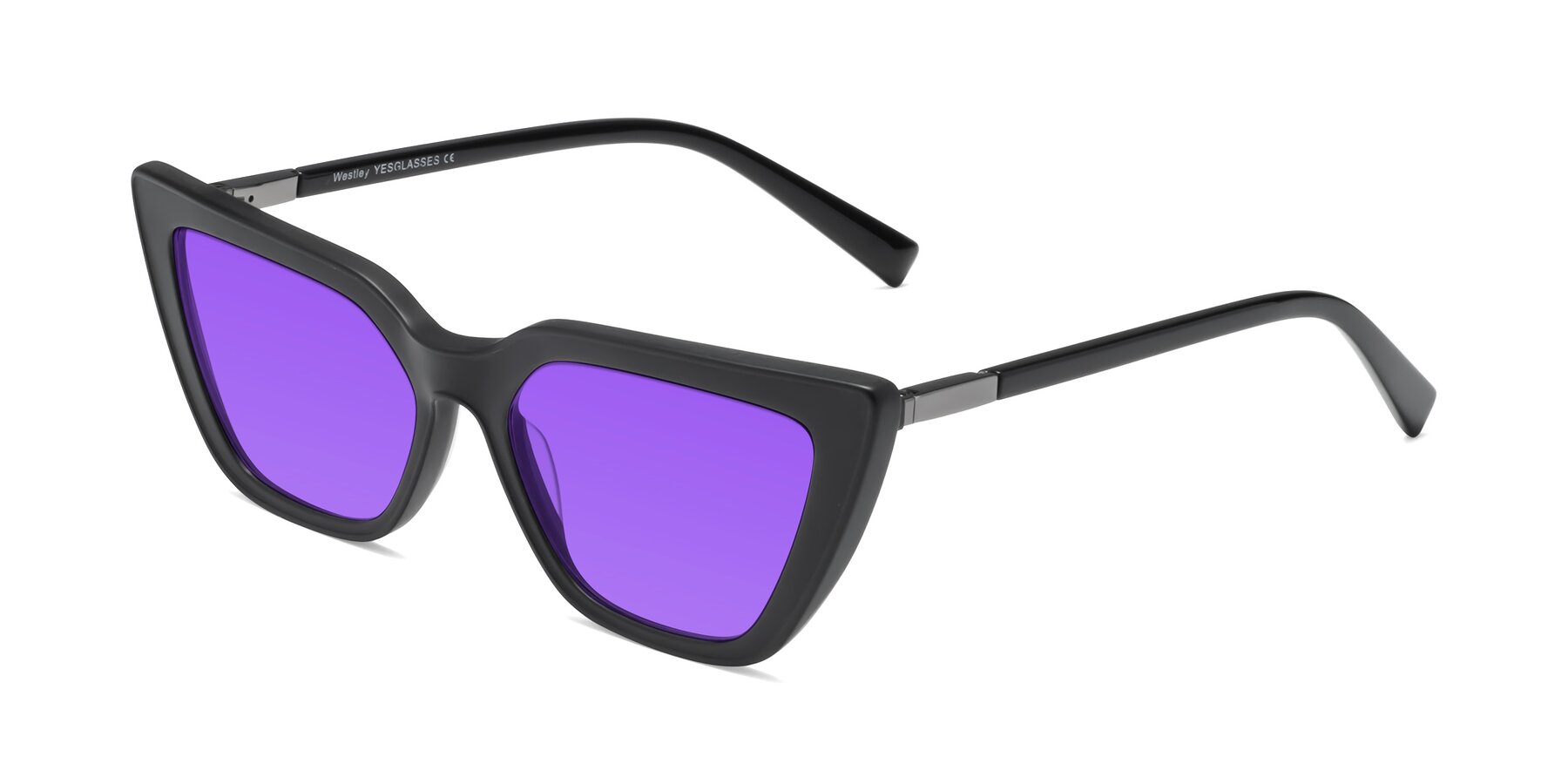 Angle of Westley in Matte Black with Purple Tinted Lenses