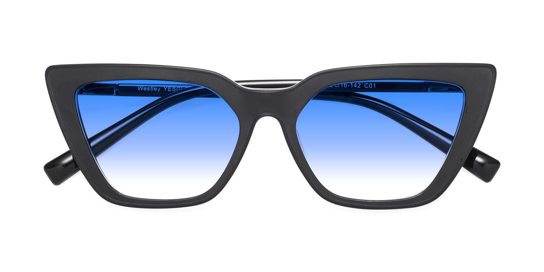 Folded Front of Westley in Matte Black with Blue Gradient Lenses