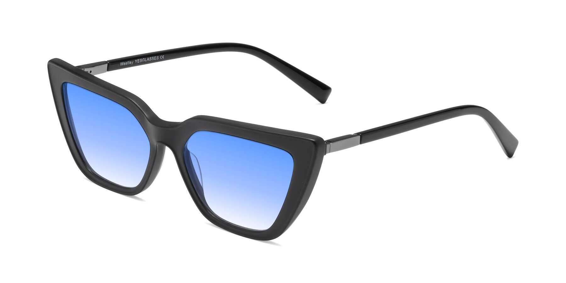Angle of Westley in Matte Black with Blue Gradient Lenses