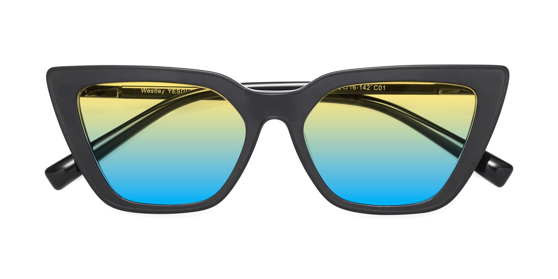 Folded Front of Westley in Matte Black with Yellow / Blue Gradient Lenses