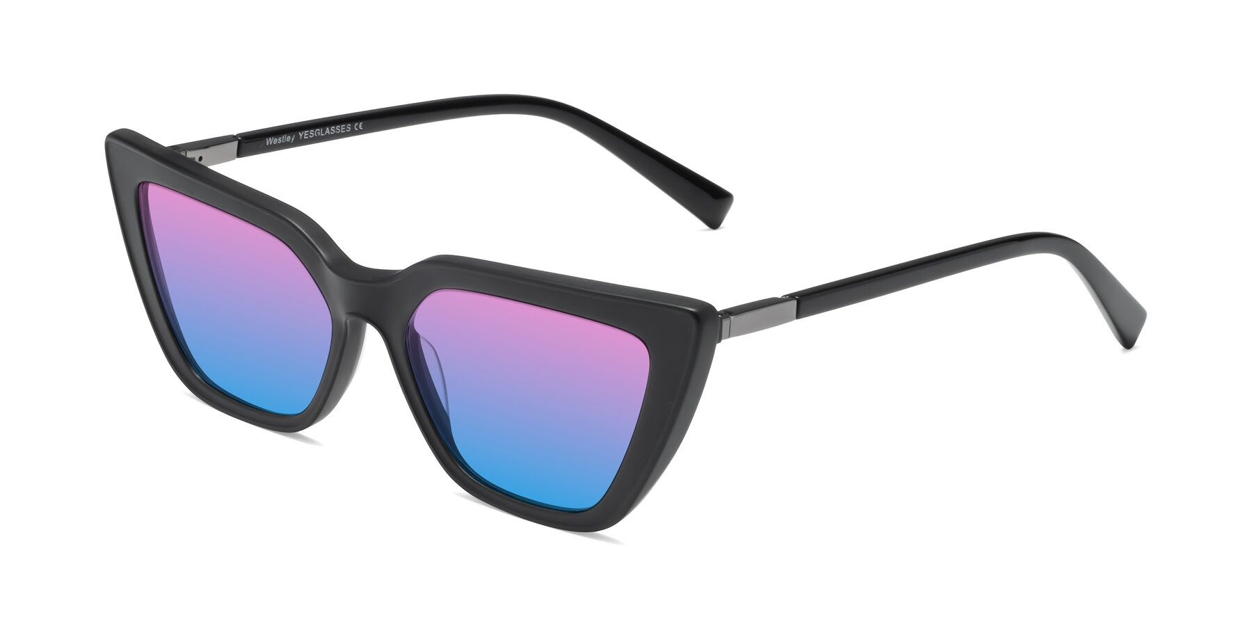 Angle of Westley in Matte Black with Pink / Blue Gradient Lenses