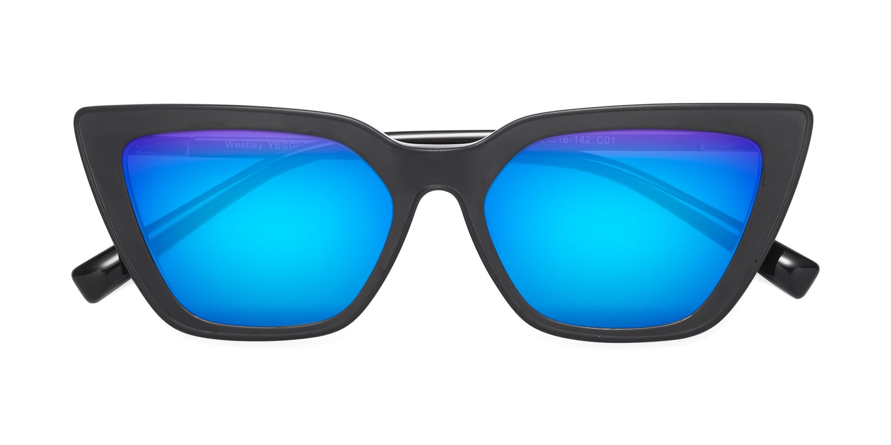 Folded Front of Westley in Matte Black with Blue Mirrored Lenses