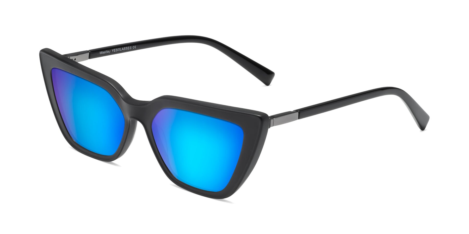 Angle of Westley in Matte Black with Blue Mirrored Lenses