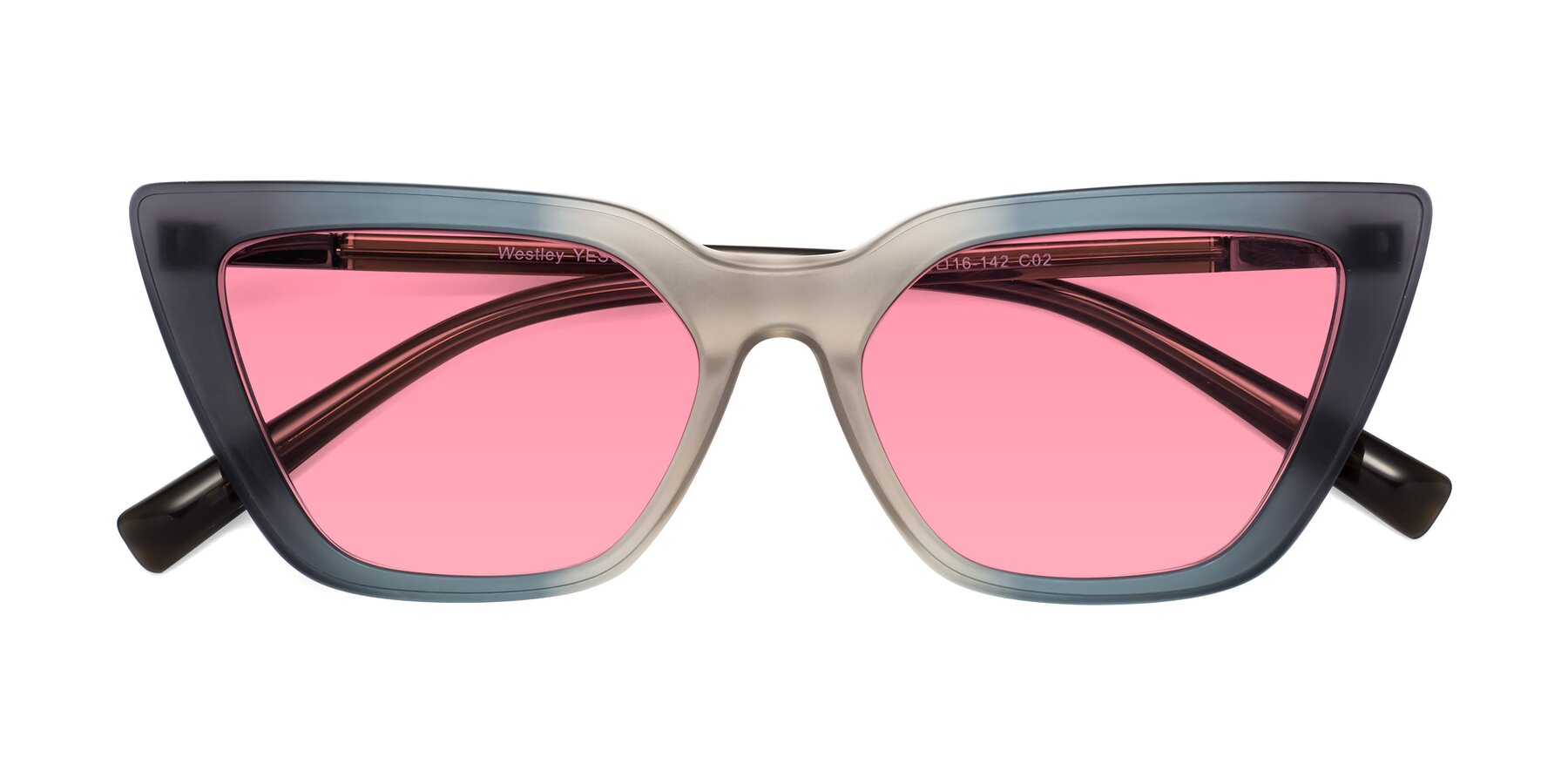 Folded Front of Westley in Gradient Grey with Pink Tinted Lenses